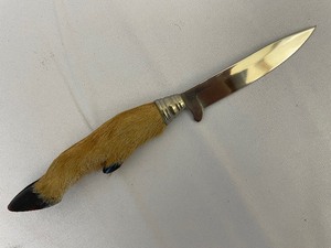 lot 54 image: Two Norwegian Deer Foot Handled Knives with Stainless Steel Vintage German Fixed Blades and  Leather Sheaths. Estimated Value $150-300