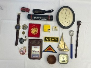 lot 105 image: Variety of Vintage and WWII Military Artifacts as Seen in Photo.