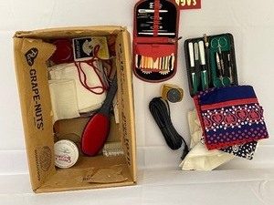 lot 172 image: Box of Mens Handkerchiefs, Mens Manicure Set, and Sewing Kit for Mending.