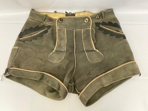lot 177 image: Authentic Leather Lederhosen with Leaf Outlined Pockets.