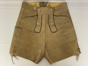 lot 178 image: Authentic Leather Tan Lederhosen with Green Trim.