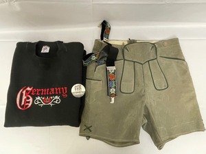 lot 179 image: Authentic Leather Gray Lederhosen with Forest Green Trim, Germany Sweatshirt and Embroidered Suspenders