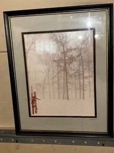 lot 502 image: Red Well Pump and Winter Scene Framed, Measuring 12 x 15 Inches.