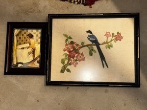lot 501 image: Vintage Embroidery Art Measuring 15 x 12 Inches and Framed Print of Girl in Bathtub.