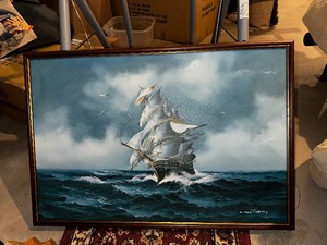 lot 499 image: Large Painting on Canvas of Tall Ship at Sea. Measuring 38 Inches by 26 Inches.