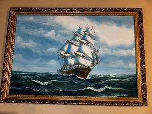 lot 495 image: Framed Painting of Tall Ship in Ornate Gold Frame. Measuring 39 12 Inches by 28 Inches.
