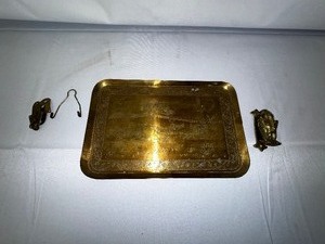 lot 202 image: Brass Pelican Door Knocker and Brass Serving Tray.