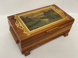 lot 288 image: Carved Wooden Box with Mountain Painting on Top and Contents.