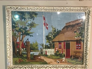 lot 458 image: Needlepoint Norwegian Farm Framed Art.