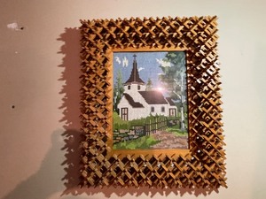 lot 464 image: Needlepoint Church in Crown of Thorns Frame and Religious Photos.