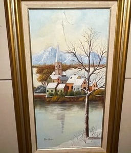lot 469 image: Vintage Mountain Village Scene in Gold Wood Frame. Measuring 18 Inches Wide by 30 Inches Tall by Tom Franz on Canvas.