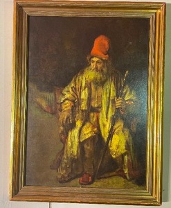 lot 473 image: Print of Old Man with Red Cap by Rembrandt in Gold Painted Wood Frame. Measuring 17 Inches by 22 Inches.