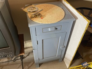 lot 476 image: Blue Painted Side Table. Measuring 17 12 Inches by 15 12 Inches by 33 12 Inches with a Drawer and Door with Storage.