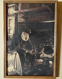 lot 478 image: Vintage Charcoal Drawing Print of Old Man and Dog by Fireplace. Measuring 19 Inches by 28 Inches.