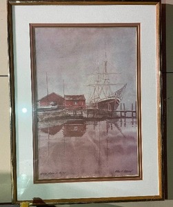 lot 477 image: Watercolor Print Misty Morn at Mystic by Paul Norion. Measuring 19 Inches by 25 Inches.