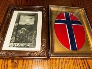 lot 369 image: TH Kittelsen print of troll titled VORT HUSTROLD and framed Norwegian flag measuring 8 12 x 6 12 and 8 x 6
