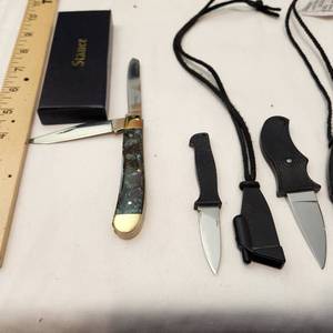 lot 309 image: Vintage Staure Pocket Knife with 2 Small Push Blades With Thumb Release Neck Scabbords.