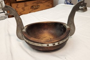 lot 390 image: Vintage 1960s Saga-Tinn Pewter Norway Art Deco Danish Scandinavian Viking Motif Wooden Mead Bowl with Viking Dragons