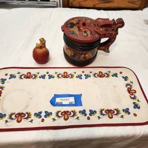 lot 387 image: Vintage 1960s Norwegian Rosemaling JugTankard Folkart, Small Table RunnerPlacemat and Squeaky Vintage AppleWorm Toy