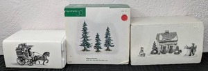 lot 135 image: Dept. 56 Heritage Village Collection The Christmas Carol Revisited The Fezziwig Delivery Wagon, Tending the New Calves, and Winter Pine Trees with Pine Cones Handpainted Porcelain Figures