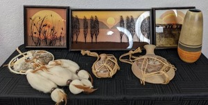 lot 102 image: Vintage Lucid Lines The Virgil Thrasher Series 3D Art in Wood Frame By Virgil Thrasher (Wild Flowers, Rainbow and Two Hill), Mandela Dream Catcher, Pottery Vase, Etc.