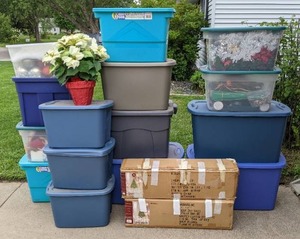 lot 98 image: Large Christmas Extravaganza 15 Tote Collection Artificial Christmas Trees, Christmas Teddy Bears, Garlands, Ornaments, Light Sets, Tree Lawn Light Stakes, and Much More