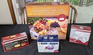 lot 77 image: New Iced Appetizer Set with Tray, New Kitchener French Fry Cutter, Black & Decker Handy Chopper Plus, and Six Speed Hand Mixer
