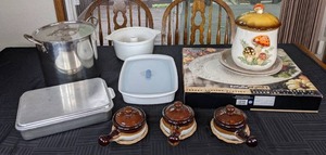 lot 79 image: Kitchen Wares Vintage Merry Mushroom Canister, Stock Pot with Lid, Aluminum Cake Pan with Lid, 3 Soup Crocks with Lids, Turkey Serving Platter, and More