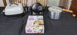 lot 82 image: New Wilton Cookie Pro Ultra II Cookie Press, Sunbeam Electric Skillet, Bella Rotating Waffle Maker, and Vintage Stove-Top Popcorn Maker