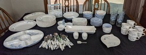 lot 144 image: Set of 8 Pfaltzgraff Winter Frost Dishes, Glasses, Servers and More