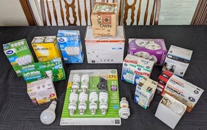 lot 89 image: Variety of Lightbulbs Sylvania, GE, Great Value LED, Infrared Heat, 3-Way, 60W, 100W, and 150W