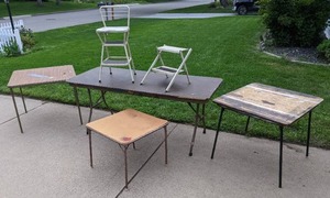 lot 67 image: (4) Folding Tables, Cosco Folding ChairStep Stool Combo, Small Folding Step Stool