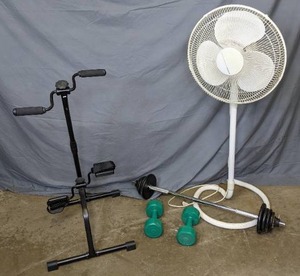 lot 66 image: Seated Pedal Exerciser, Weights, Pair of 5 Lb. Dumbbells and Holmes Stand Fan
