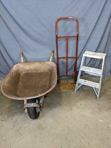 lot 48 image: Wheelbarrow, Milwaukee Dolly, and Keller Step Ladder