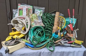 lot 57 image: Lawn & Garden Items Hand Tools, Terracotta Plant Pots, Hoses, Sprinklers, Rain Gauge, and Much More