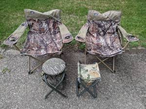 lot 36 image: (2) Camouflage Camping Chairs, Stool, and Footrest