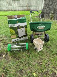 lot 28 image: Lawn Care includes Scotts Spreader, Republic Hand Spreader, Aerator, Greenwood Backpack Sprayer