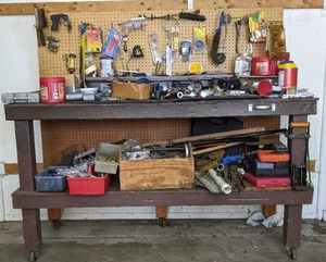 lot 14 image: Work Table on Wheels Plus all Contents (Tools, Rotary Tool Kit, Hardware, Home Improvement Items)