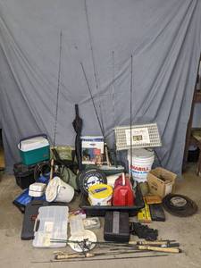 lot 51 image: Various Hunting, Fishing & Outdoor Supplies Fishing Poles, Tackleboxes, Bait Buckets, Nets, Umbrella, Rapala, Fish Fileting Knife Set, and Much More