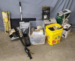 lot 35 image: Drywall & Painting Supplies Spray Texture Gun, Air Texture Pistol with Hopper, Craftsman Spray Gun, Vacuum Hand Sander, Central Pneumatic Texture Paint Spray Gun, Spray Shield, and More