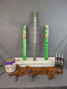 lot 63 image: Home Improvement Items Roof Cement, Roof Jacks, Heat Control Window Film, Fiberglass Screen, 25 Quick Snap Gutter Screens, and More