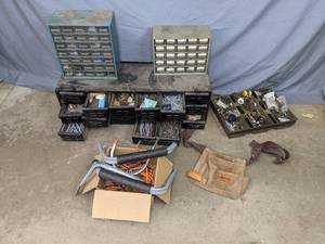 lot 61 image: Multi-Drawer Hardware Organizer Bins, Wall Hooks, Tool Belt, Misc. Hardware, and More