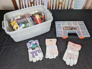 lot 54 image: Large Assortment of Hardware, 3 Pair of Work Gloves, and More