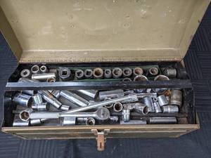lot 47 image: Vintage Park Metal Toolbox with Variety of Tools Sockets, Hammers, Screwdrivers, and More