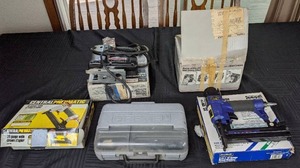 lot 34 image: Tools 2 in 1 Brad 18 Gauge NailerStapler Kit, Central Pneumatic 20 Gauge Wide Crown Stapler, Sears Craftsman Wet Sharp Machine, Dremel Multipro, Sabre Saw 58 Stroke Variable Speed