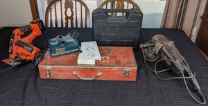 lot 21 image: Tools Drill Doctor, Milwaukee Sawzall, Black & Decker Firestorm 14.4 Volt Saw, Craftsman 12 Hammer Drill, Vintage Sears 7 Sander