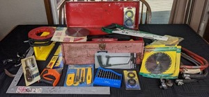 lot 22 image: Toolbox and Tools Hand Saws, Sockets, Wrenches, Metal Square, Drill Bits, Straps, and More