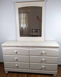 lot 45 image: White Six-Drawer Dresser with Mirror