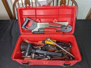 lot 43 image: Red Plastic Toolbox with Variety of Tools Saw, Hammers, Wrenches, Screwdrivers, Rivet Tools, and More