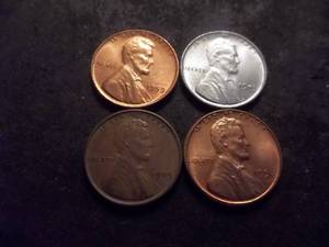 1909 VDB Lincoln, 1956 Bronze Wheat, 1943 Steel, 1959 Memorial Cents